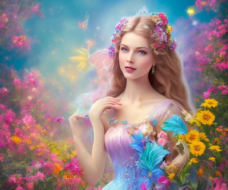 beautiful bright happy fairy portrait with long hair, thin face, two hands in a pink,blue, yellow flowers background,