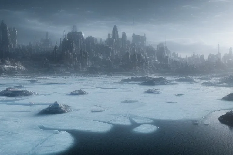 ice, lagoon, seashore, distant futuristic city, epic, sci-fi