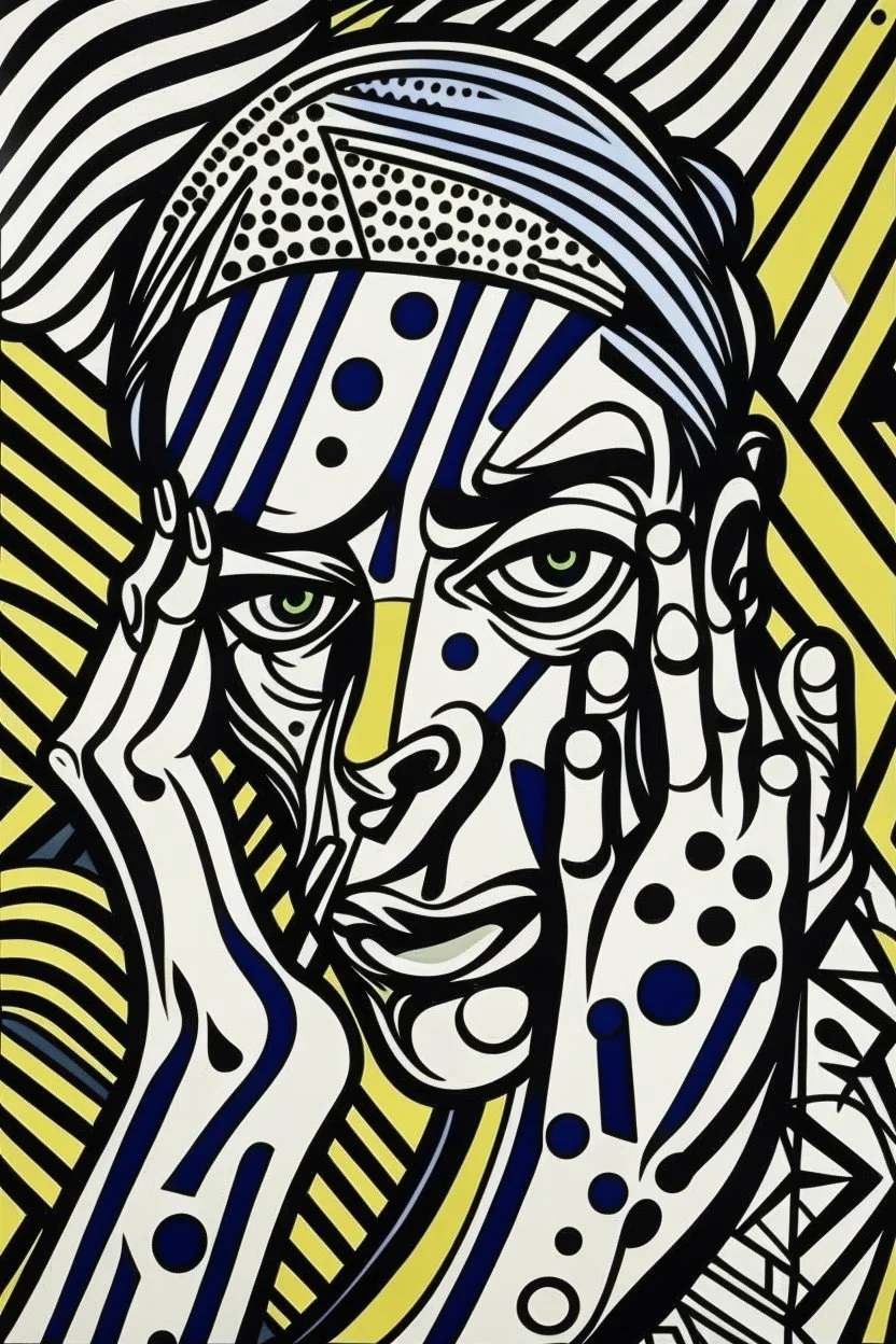 tribal man in grief with hands on face crazy shapes pencil draw style of roy lichtenstein