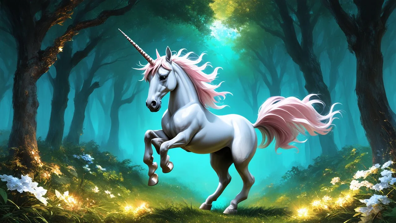 Graceful unicorn prancing in a mystical forest in the style of Princecore