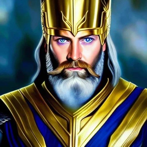 ultra detailed fullbody Portrait in oil on canvas of Odin from Marvel comics. with very long beard with asgardian Golden armor,with helmet ,extremely detailed digital painting, extremely detailed face,crystal clear Big eyes, mystical colors ,perfectly centered image, perfect composition,rim light, beautiful lighting, 8k, stunning scene,extremely sharp detail, finely tuned detail, ultra high definition raytracing, in the style of Simon Bisley and Paulo Lopes and Ken Kelley and Ohrai Noriyoshi