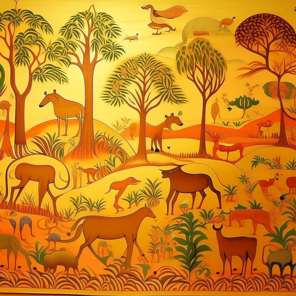 A tan semi-desert grounds with animals designed in African pottery painted by Paul Ranson