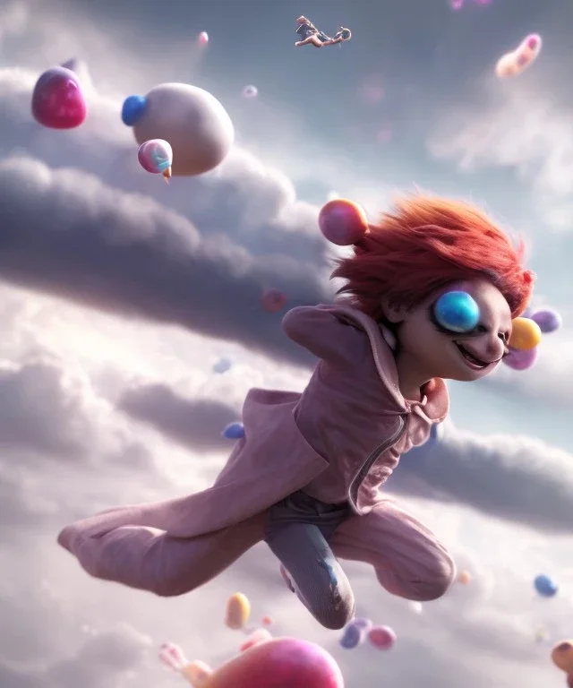 Ultra realistic speed clouds sky scene, wide angle view, strong men falling down with many Childs background, circus clothing style, feather color clothing, free jumping flying, many trinkets, hair monster, many jelly beans, balls, color smoke, smile, happy, extreme, wind, clouds sea, 20,000 feet altitude, stratosphere, soft color, highly detailed, unreal engine 5, ray tracing, RTX, lumen lighting, ultra detail, volumetric lighting, 3d, finely drawn, high definition, high resolution.