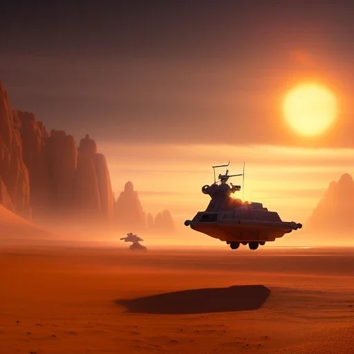 volumetric desert environment, Ralph McQuarrie style painting of an armored hovercraft with cannon, floating in the air, highly detailed, renderman, duststorm at sunrise