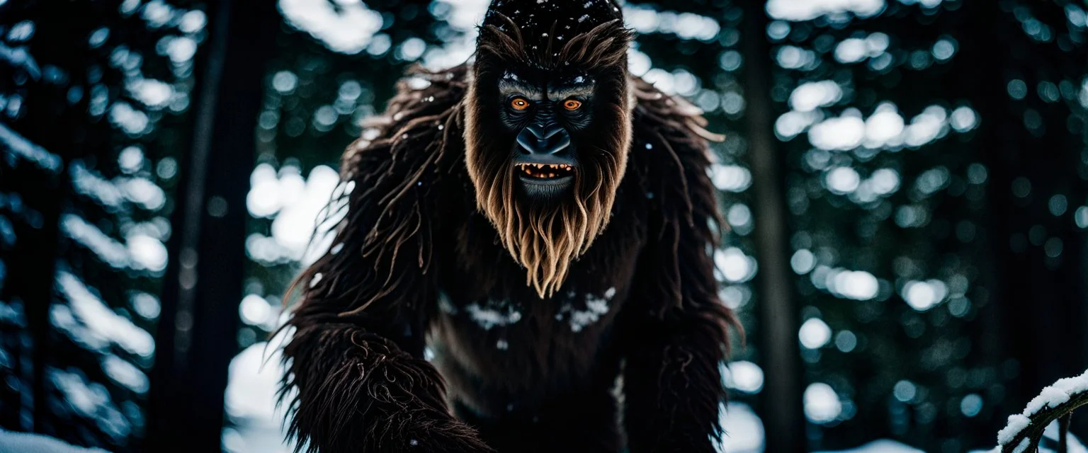 close up documentary photography, sasquatch, bigfoot, Real Yeti, National Geographic, weird, Dystopian, Japanese, Extreme depth of field, bokeh blur, winter, blizzard, Alberta, all-natural, in the style of candid, imperfection, natural lighting, light-focused, Professional shot, shot on Agfa, Fuji Film, Anamorphic lens, 1980s, --ar 4:5 --w 150 --style raw