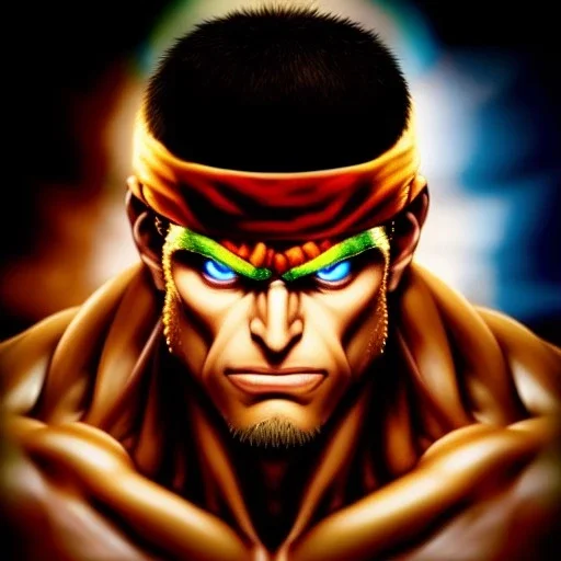 Ultra detailed fullbody Portrait in oil on canvas of Street Fighter- Kage,extremely detailed digital painting,ultrarealistic skin,intense stare, extremely detailed face, crystal clear eyes, mystical colors ,perfectly centered image, perfect composition, rim light, beautiful lighting,masterpiece ,8k, stunning scene, raytracing, anatomically correct, in the style of Simon Bisley and Ohrai Noriyoshi and robert e howard and Steve Jung and frank frazetta.