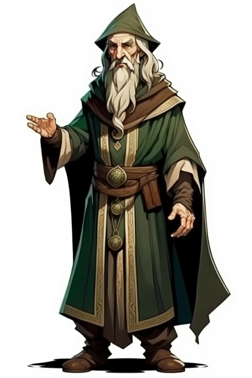 elf male middleaged wizard wearing medieval clothes with hands behind his back