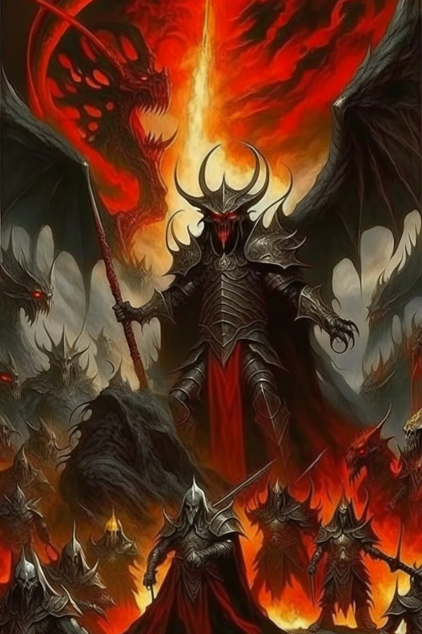 The war of angels and demons in heaven Sauron, the lord of darkness, with the devil and his army, in the land of destruction