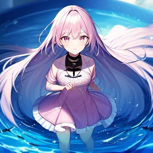 Clear focus,High resolution, Blue long hair, Light pink eyes,Wearing a pink short skirt,wearing a black collar,Looking away from the viewer, Blurry floating water