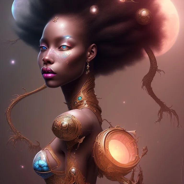 Bailarina, fantasy magic, intricate, sharp focus, illustration, highly detailed, digital painting, concept art, bailarina matte, masterpiece head sexy view black African beauty black afro hair space lady turquoise carp skin African space landslide