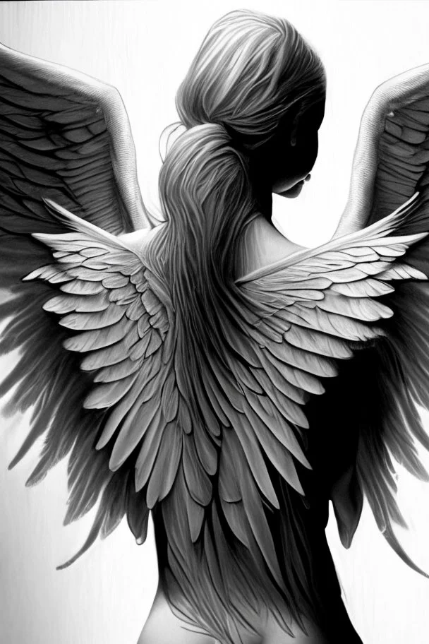 woman angel from back with sharpand wide wings ultra realistic drawing