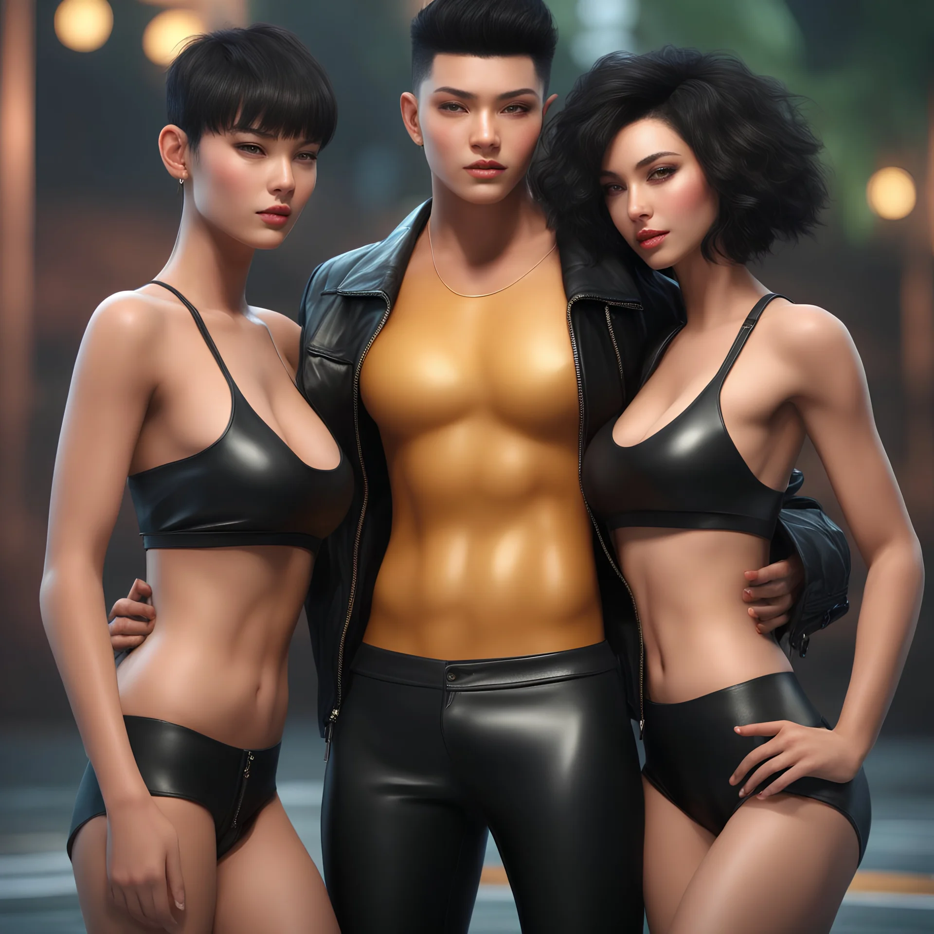 An extremely muscular young man with pixie-cut black hair, wearing a black leather jacket and pants, standing next to a beautiful woman with black hair who is wearing a black two-piece bathing suit with a perfect shaped body, and a perfect face, 4k, 8k, 32k UHD, Hyper realistic, extremely colorful, vibrant, photorealistic, realistic, sharp, highly detailed, professional quality, beautiful, awesome, majestic, superb, trending on artstation, pleasing, lovely, Cinematic,