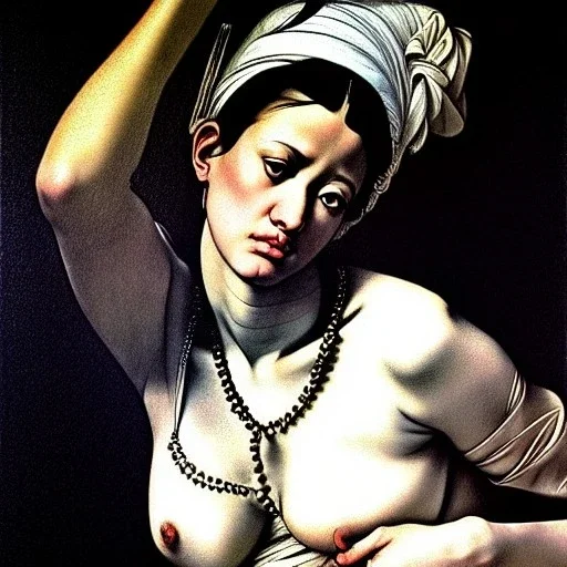 Dibujo de cuerpo entero de Amazonas bella con estilo de Caravaggio