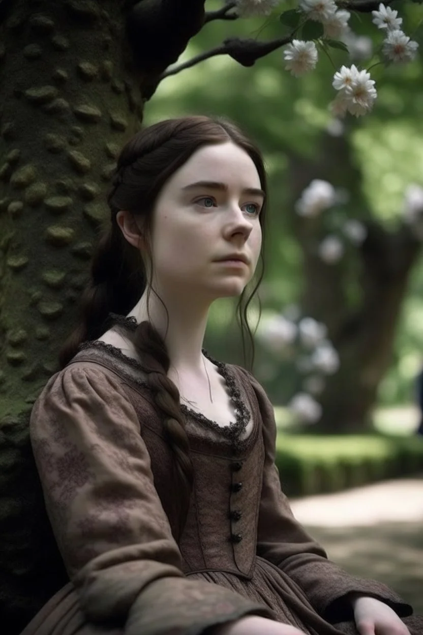 Beautiful Girl in the garden, 18 century, brunette, literally dark hair, dark eyes, fat, smell of sakura, rest, detailed face, england, she is staying under the tree, 30 years old, Game of thrones, Sansa Stark