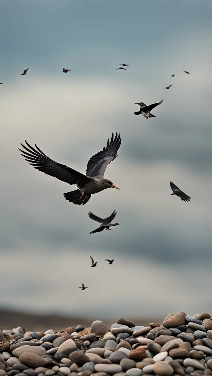 There are many birds in the sky, carrying stones in their feet and beaks