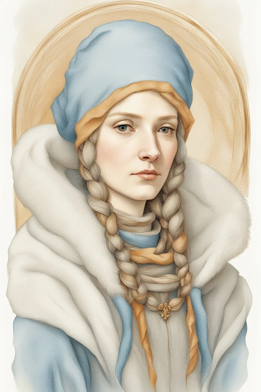 portrait of a colorful renaissance woman in winter clothes the style of da vinci on a white background