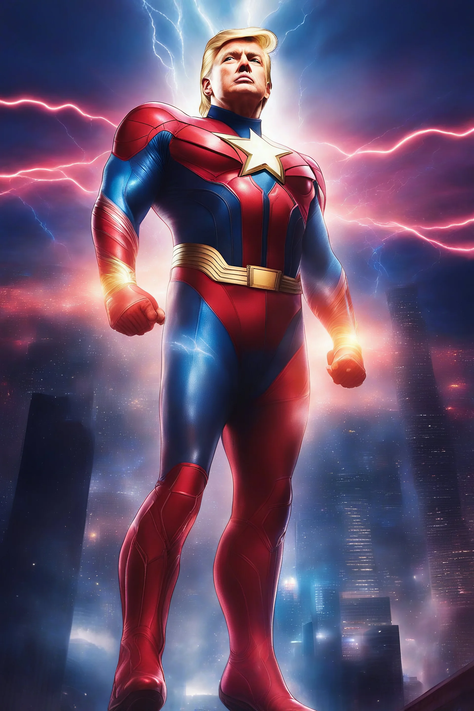 movie poster - "MAGA MAN" - Donald Trump as 'Maga Man,' Extremely Muscular, Skintight, formfitting, crimson suit, blue cape, silver boots, multicolored Lightning, Multicolored vortex, neon lit futuristic cityscape, mist, fog, speed, extremely overexaggerated musculature,