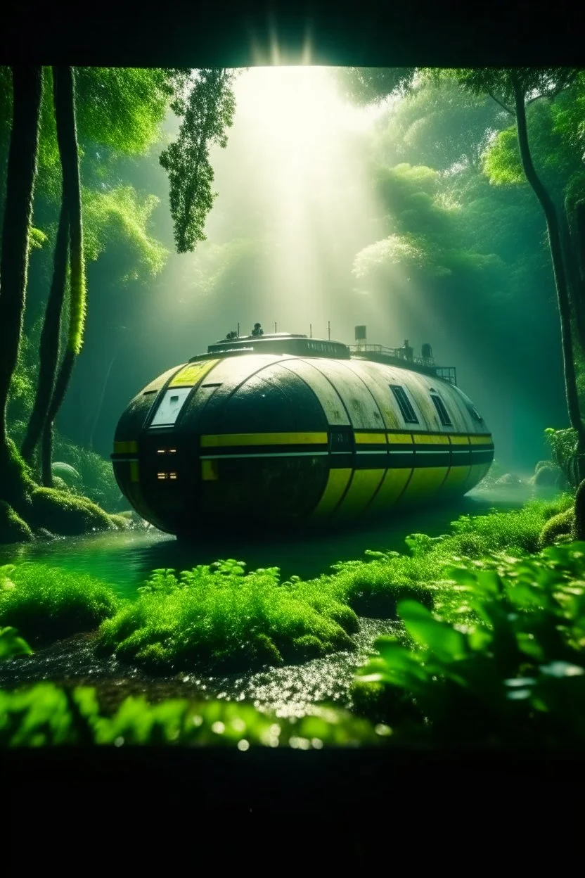 close up on iss space station submarine in the middle of brazilian jungle, crashlanding, depth of field, light rays, mist