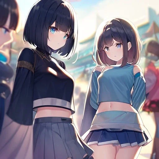 Clear focus,High resolution, three girls, wearing a crop top and cut sleeves and a short skirt