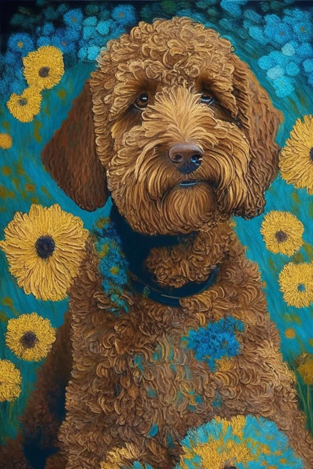 brown labradoodle, flowers, bright by van gogh