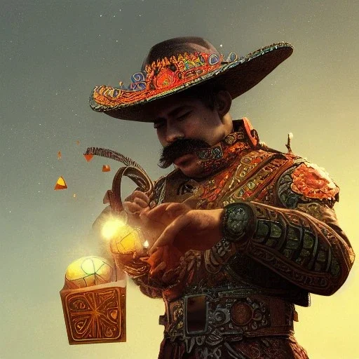 Insanely detailed photograph of an “ a mustachioed mariachi focusing on a glowing D20” with intricately detailed Sombrero, intricate armored charo, hyperdetailed painting by Ismail Inceoglu Huang Guangjian and Dan Witz CGSociety ZBrush Central fantasy art album cover art,8K, hdr, mysterious, flickeringlights ,Stoic