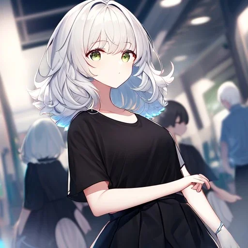 Clear focus, High resolution, light grey short hair, dark green eyes, wearing a black t-shirt and black skirt, fluffy hair, detailed outfit, really fluffy hair