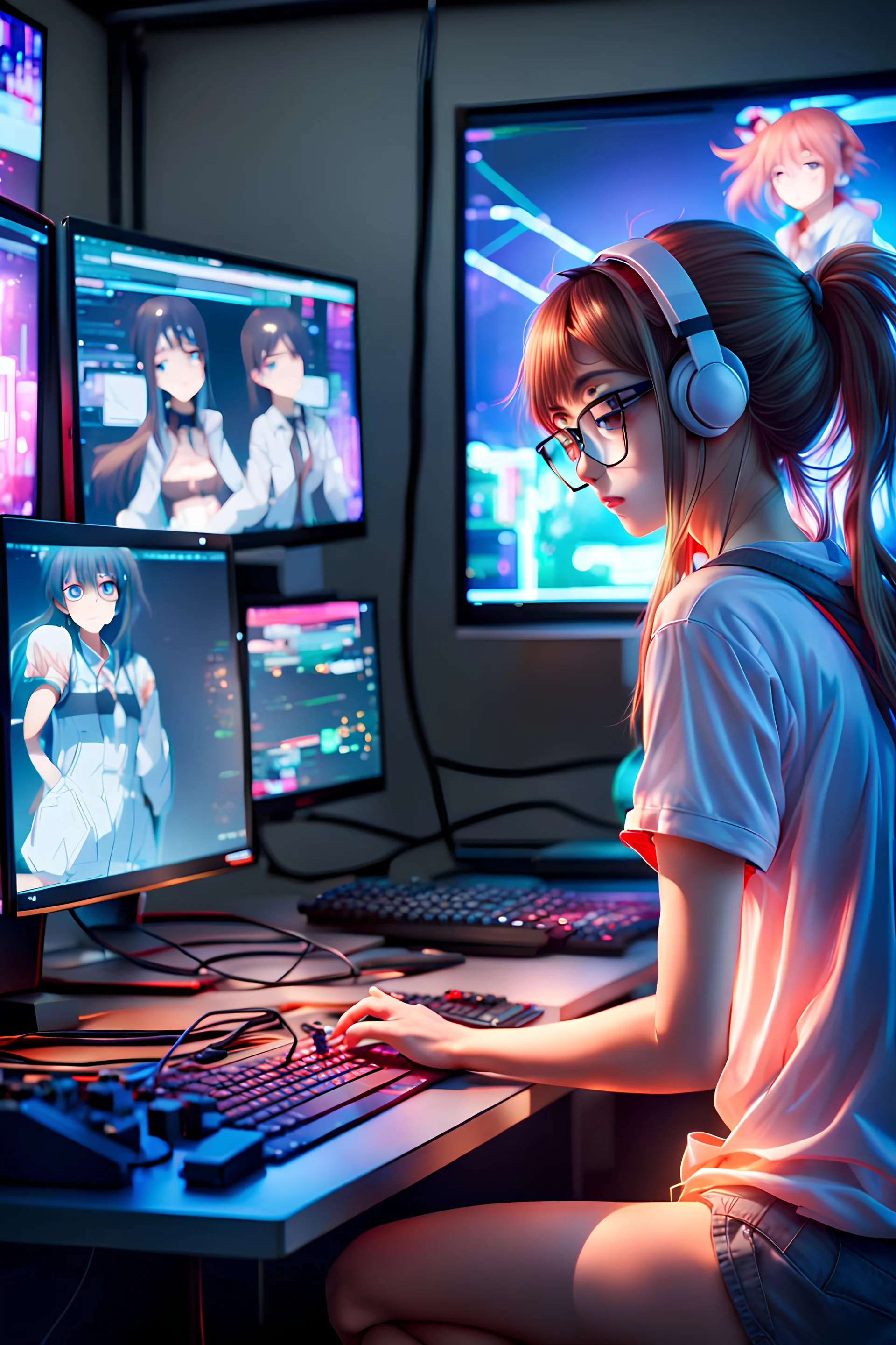 Nerd playing near the Personal Computer about anime girls, 8K resolution, high quality, ultra graphics, and power lines.