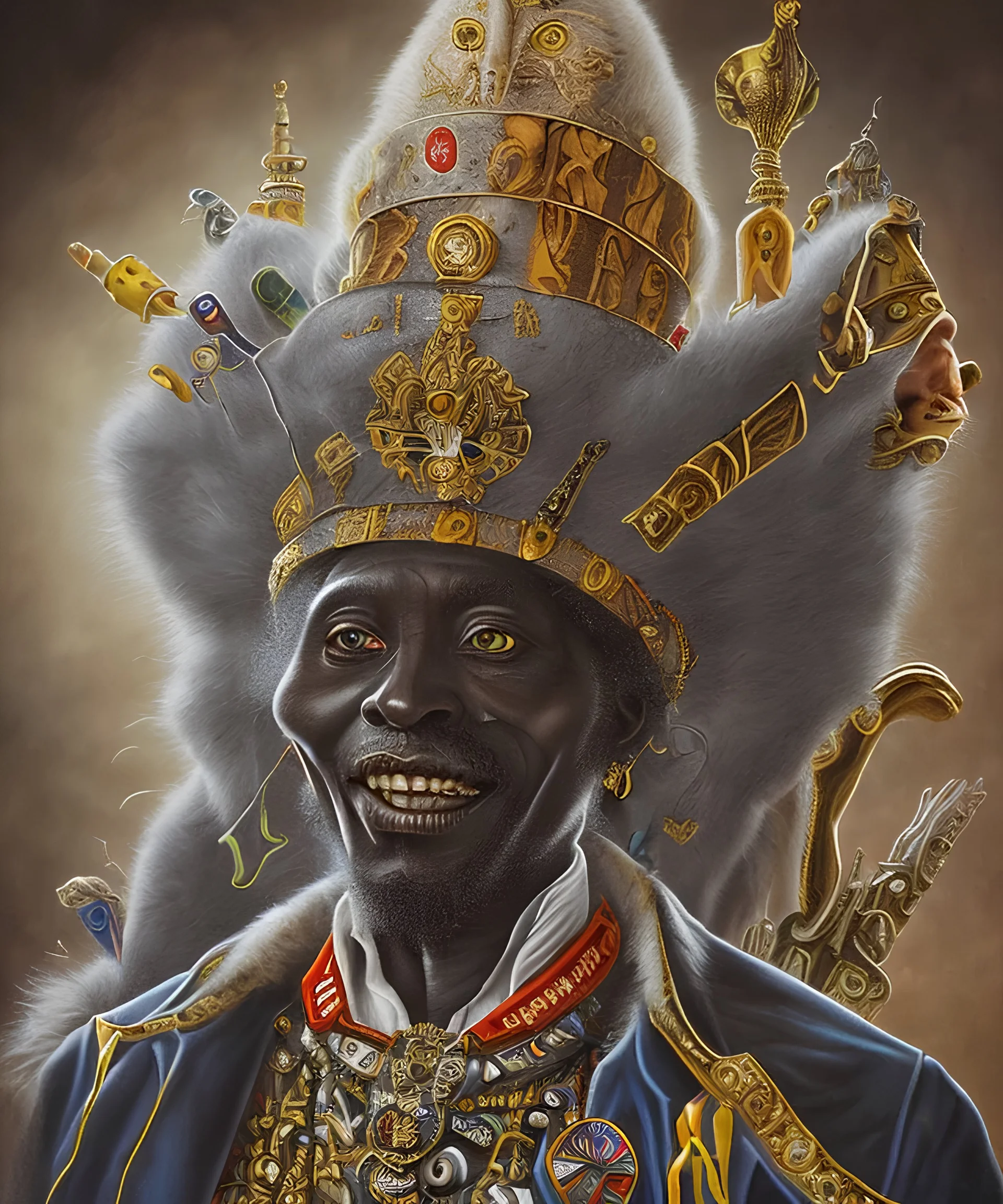 portrait de Papa Legba, roi des zombies , baron samedi, prince des ténèbres, marchand d'âmes, vaudou haïtien , avec chapeau haut de forme, caricature, halo d'énergie autour de lui, très coloré, très détaillé, très intriqué, très réaliste, très précis, angle parfait, reflets discrets, magnifique,majestueux, royal, arrière plan nuit étoilé , hdr, 16k, octane effect, unreal engine, cinema 4d