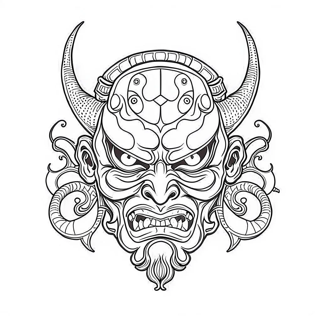 White, minimalis line art , oni mask japanes , vector, white background, outline, with images neatly contained within the background, just black and white color, tatto style.