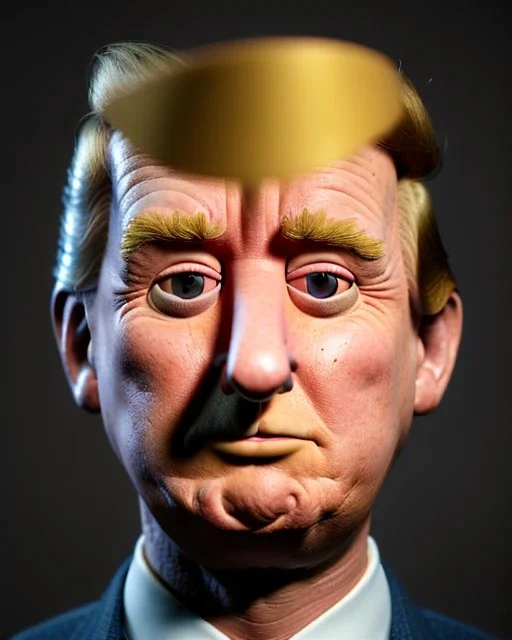 Waist up Portrait, Donald trump muppet, Sesame Street style, Wes Anderson style, photo studio, unreal engine 5, god lights, ray tracing, RTX, lumen lighting, ultra detail, volumetric lighting, 3d.