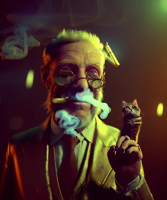 Surreal, steampunk, cabaret scene. Russian old man. Sweat, cats, Feather, smoking, happy, hot, color fog, people background, highly detailed, concept art, unreal engine 5, god rays, ray tracing, RTX, lumen lighting, ultra detail, volumetric lighting, 3d, finely drawn, high definition, high resolution.