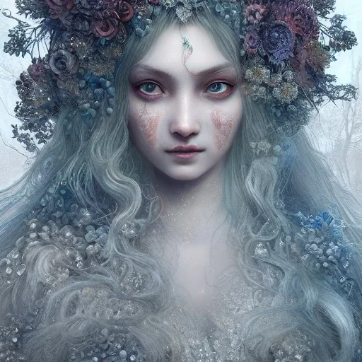 Insanely detailed photograph of an “portrait of gorgeous winter goddess ” with intricate hair, intricate embroidered dress, beautiful clear face and hyperdetailed painting by Ismail Inceoglu Huang Guangjian and Dan Witz CGSociety ZBrush Central fantasy art album cover art,8K, hdr, romantic, mysterious, ominous, beautiful flowers, jewelry, comfort, natural eyes,naked,tasteful