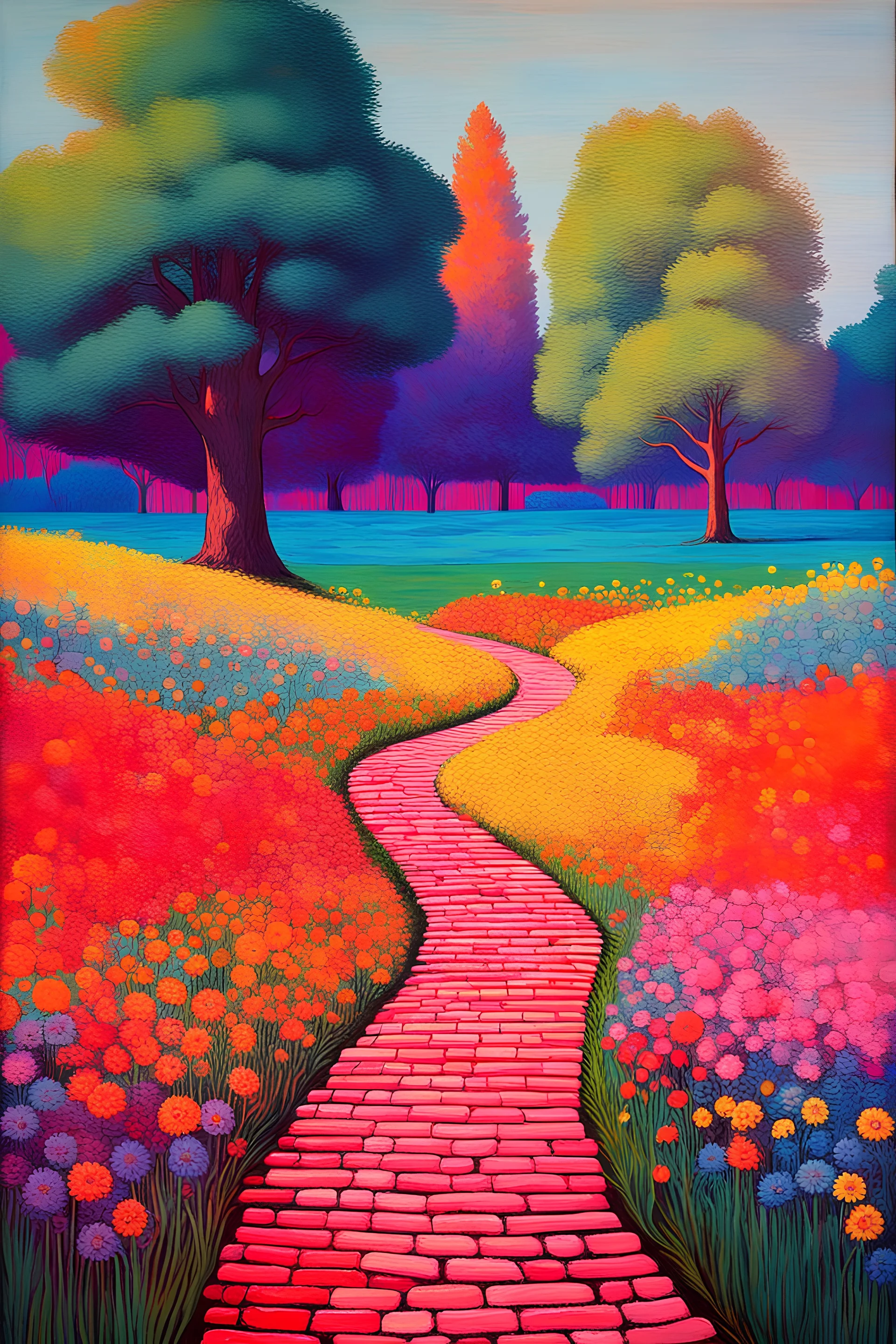 painting of a psychadelic colourful natural field with brick road and grass, flowers and trees by monet and andy warhol infusion