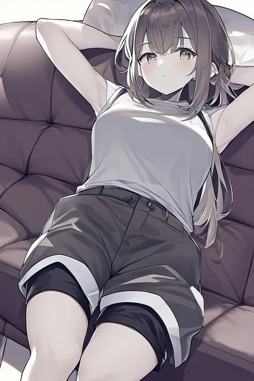 waifu laying on her back on a couch, wearing shorts