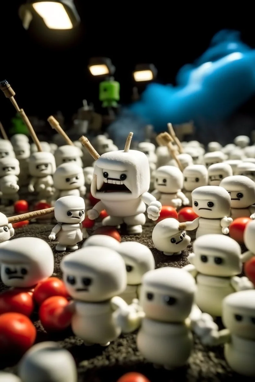 army of marshmallows living angry and armed in a fight with living tomatoes in space