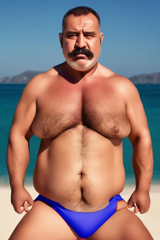 full figure shot photography of a serious ugly burly chubby strong turkish 51 years old with traditional pants, sells colored pareos on a crowded beach, mustache, sitting on a beach chair, sunligh, photorealistic, 35mm lens, side light, ambient occlusion