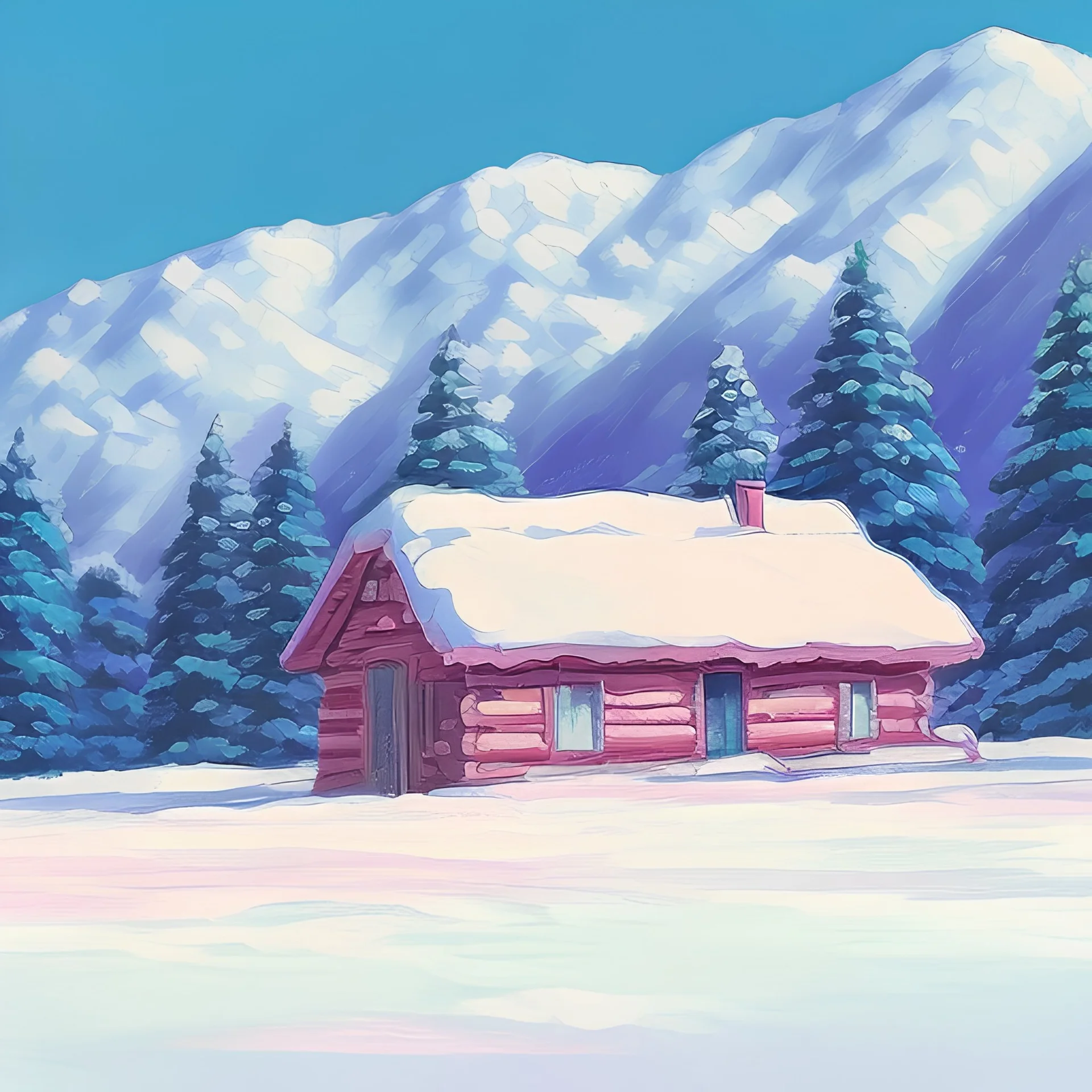 landscape mountain small cabin snow, oil painting, pink, blue, white colors, bob ross style, detailed