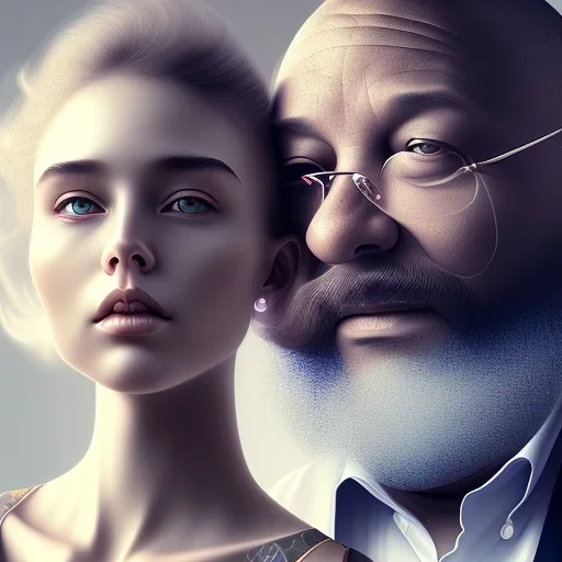 a young woman sitting next to a 50-year-old man with a beard and short hair, portrait, 8K, close-up face, anatomically perfect face, Highly detailed stunning full frame portrait, misty and cloudy atmosphere