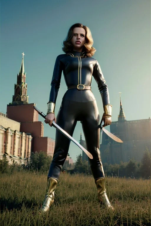 retro portrait image from 1960, Moscow background, wind, long hair, fighting stance, sweet young Scarlett Johansson, classic black tight lycra suit, metal stick weapon, gold bracelet and belt, high heel boots, soft color, highly detailed, unreal engine 5, ray tracing, RTX, lumen lighting, ultra detail, volumetric lighting, 3d, finely drawn, high definition, high resolution.