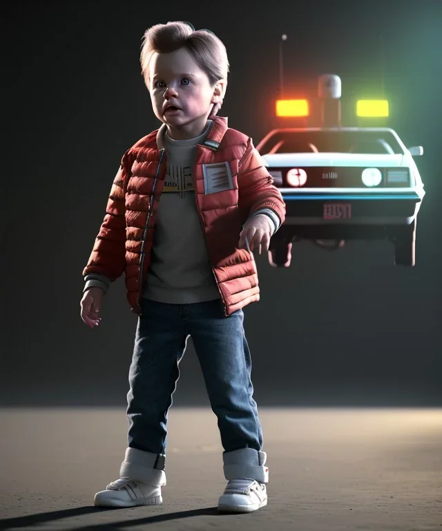 Marty mcfly toddler, full body, delorean, dramatic lighting, hyper realistic