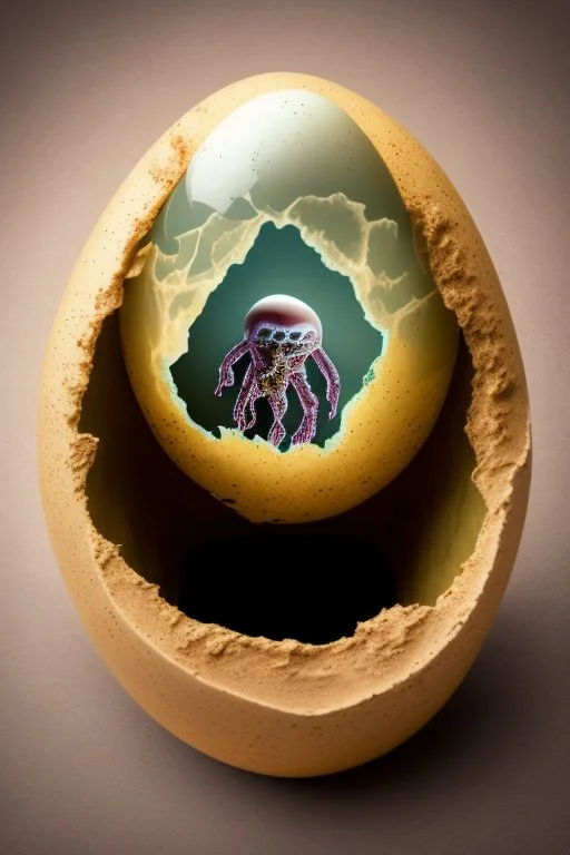 a haunting image of an embryonic human emerging from a cracked egg