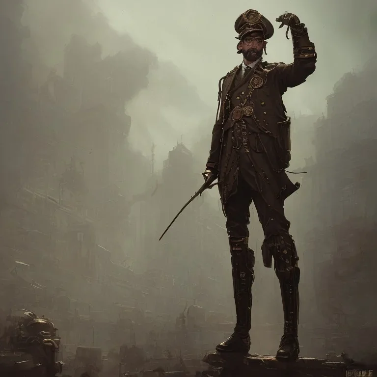 steam punk officer with human face, powerful, dramatic, creepy, matter, majestic, flow, illustration, concept art, by Greg Rutkowski, Sung Choi, Mitchell Mohrhauser, Maciej Kuciara, Johnson Ting