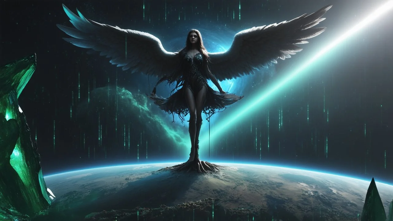 matrix universe, space, planets, god creation, angels from other dimensions with beautiful wings, trees on the planet, behind green crystals of light, few tiberium monolith deposits on the planet near tree,