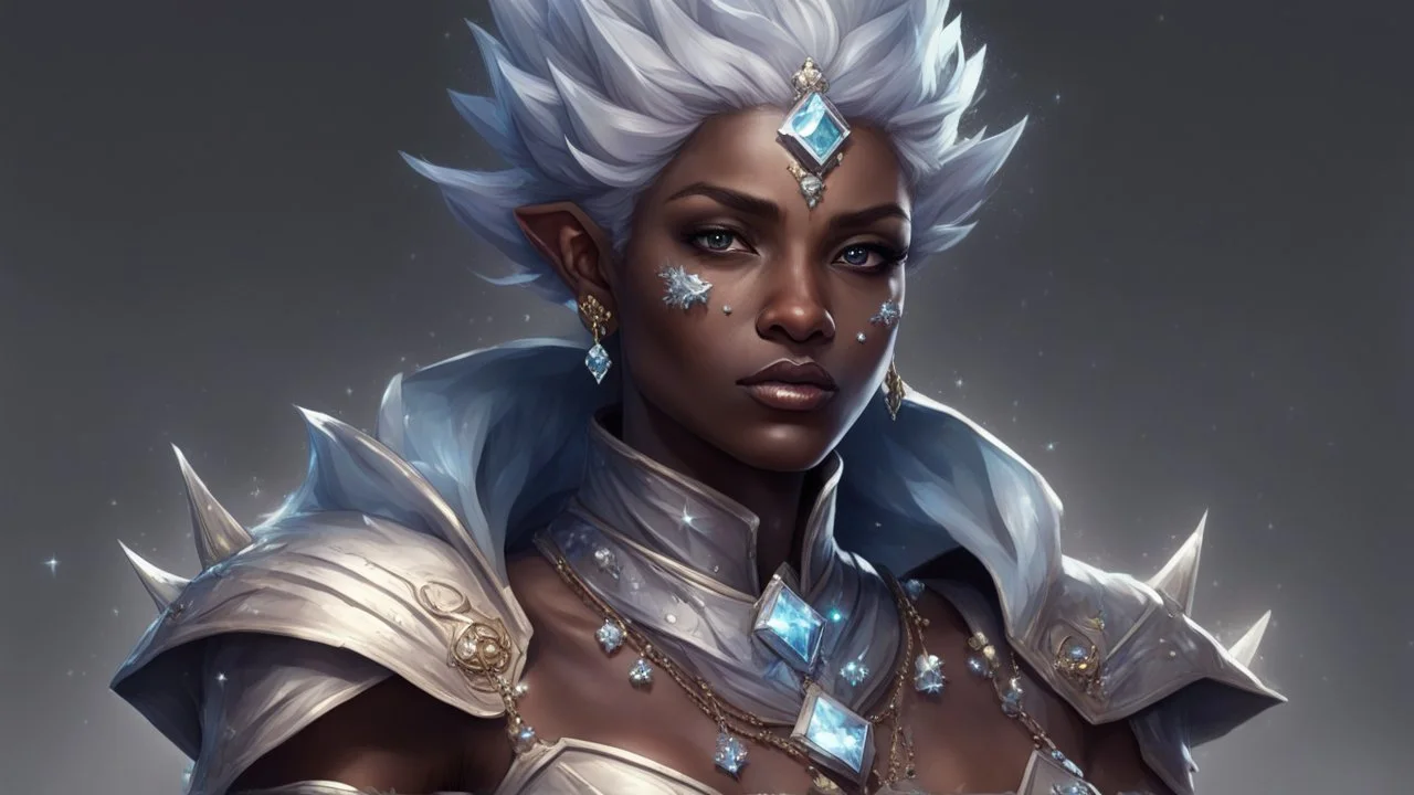 Please generate a female earth genasi cleric in the tempest domain for D&D. She should have dark, stone-colored skin with glittering sparkles like gem dust. She should have lines marking her skin like cracks, showing glimmering gem-like veins. Instead of hair, her head is covered in short, spiky crystals. She is fully-clothed in cleric robes and medium armor. Dark, moody "twilight hour" vibe