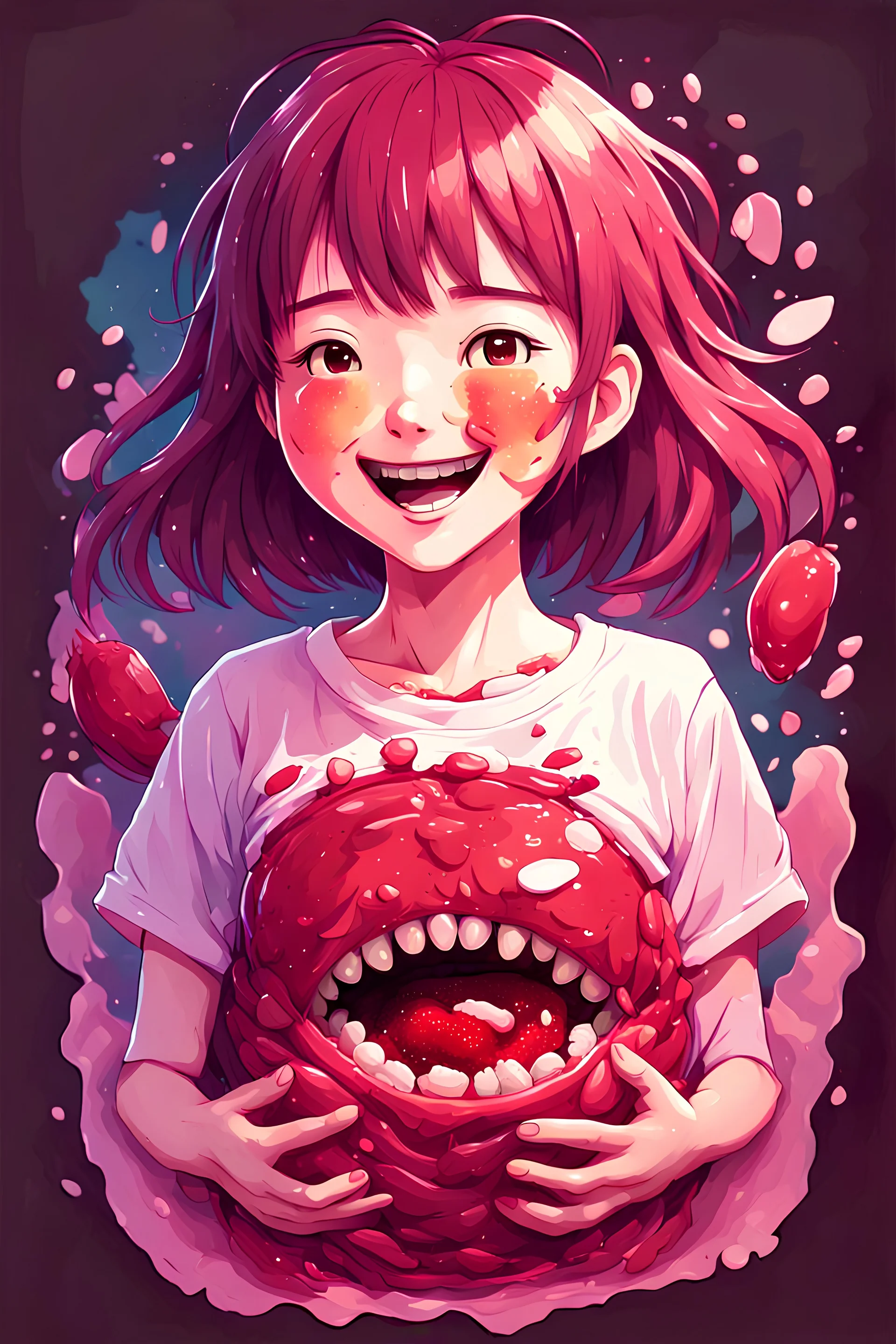 A detailed illustration Anime girl smiling crushed inside really darkred fleshy stomach filled with digestive juices, t-shirt design, in the style of Studio Ghibli, pastel tetradic colors, 3D vector art, cute and quirky, fantasy art, watercolor effect, bokeh, Adobe Illustrator, hand-drawn, digital painting, low-poly, soft lighting, bird's-eye view, isometric style, retro aesthetic, focused on the character, 4K resolution, photorealistic rendering, using Cinema 4D, vector logo, vector art,