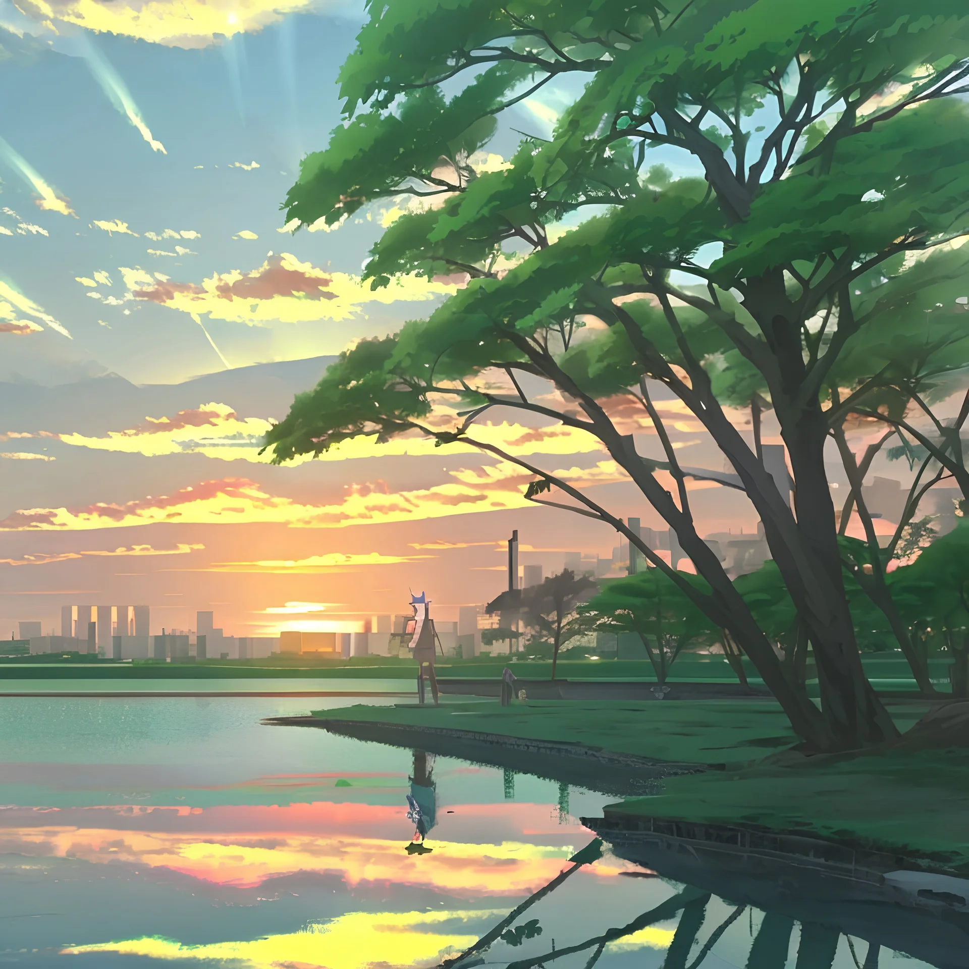 In the anime, a young male character is near the green lake in the sunset afternoon.