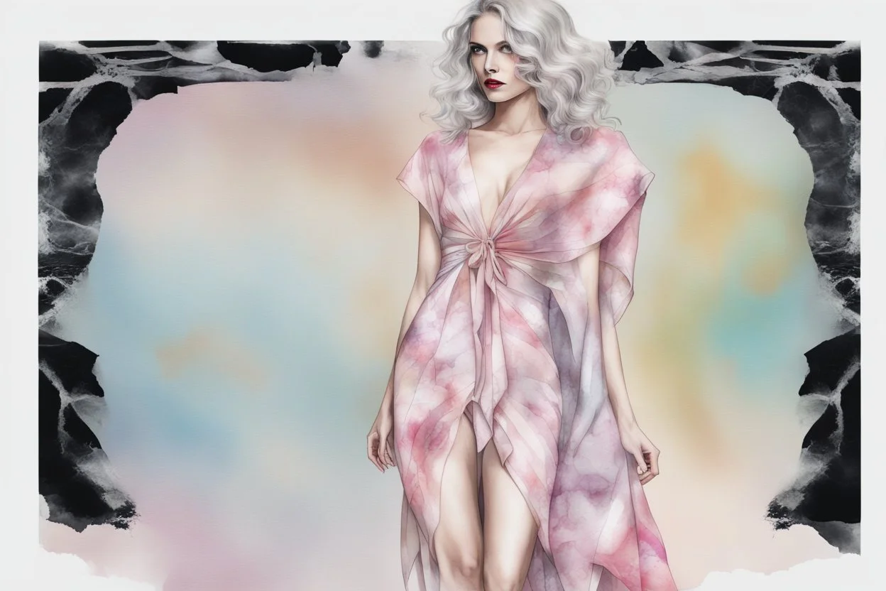 A beautiful woman with knee-length curly pink hair, wearing a spider-sleeved ankle-length tie-dye kaftan and silver high-heeled sandals, double exposure, merged layers, watercolor and black ink outlines, soft, shading strokes, cracked marble holographic background, the cracks are golden S<AI in sunshine