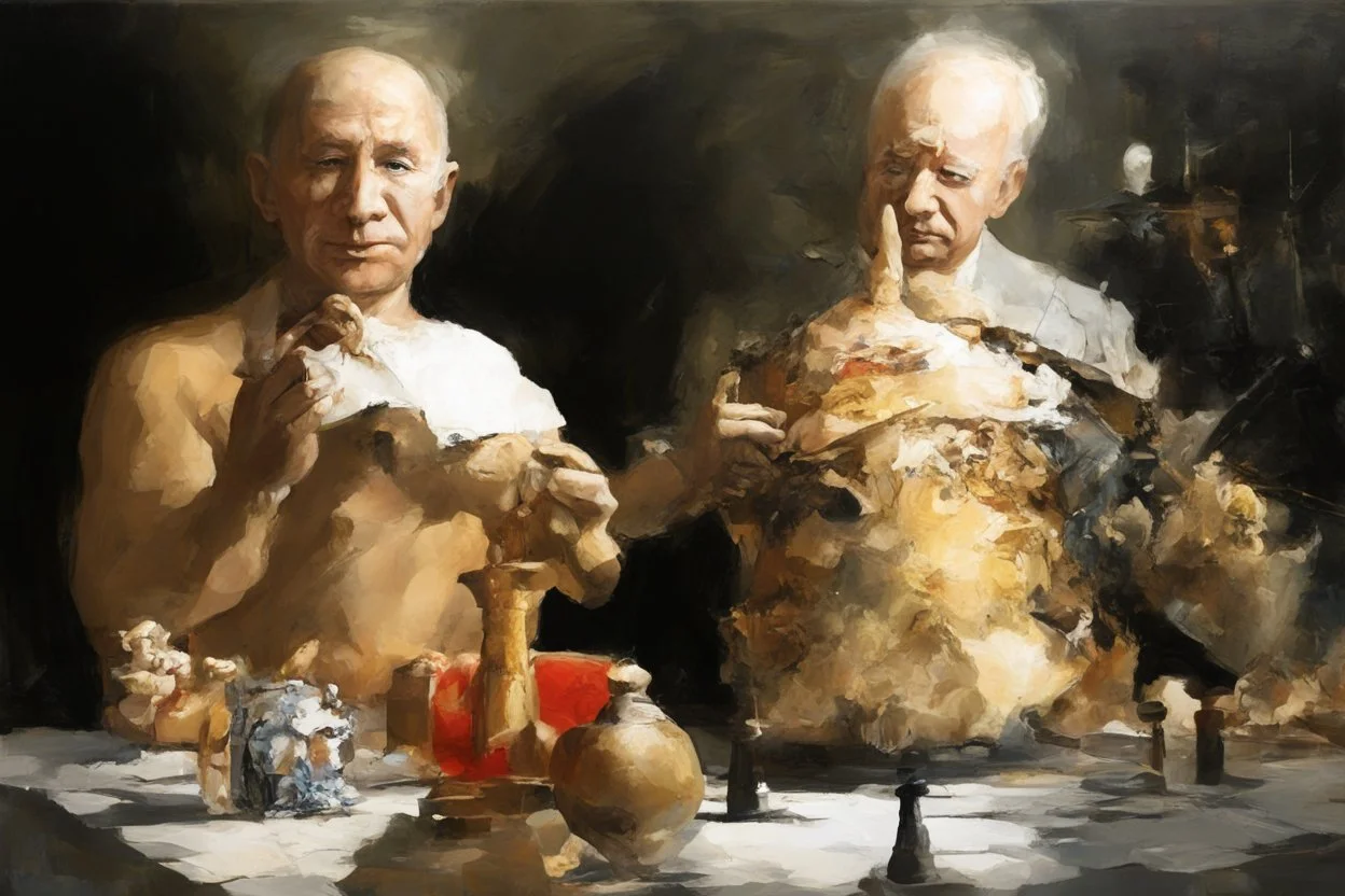 Putin, President Xi Of China And Joe Biden Play Chess With Atomic Bomb Mushroom Cloud,Complex Surgical Instruments Intermixed With A Newborn Boy,Minimalism,Painting By Adrian Ghenie,Rene Magritte,Pablo Picasso,Michelangelo,Salvador Dali,Lucian Freud