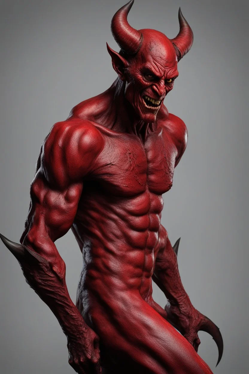 Realistic devil leaning forward at an angle facing left, posed as if over a shoulder, red skin, horror style, no other person.