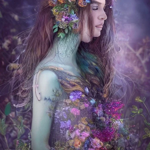 portrait of gorgeous woman wearing the most beautiful, iridescent, stunning gown made of gossamer, flowers, greens, blues, character creation, full shot, centered, intricate headwear, ornate, 8k, high-quality, fine-detail, intricate, digital art, detailed matte, brian froud, howard lyon, Anna Dittman, Anne Stokes, greg Rutowski